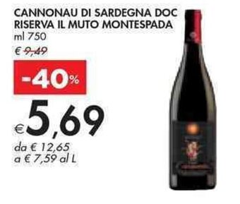 Bennet CANNONAU DI SARDEGNA DOC RISERVA IL MUTO MONTESPADA ml 750 offerta