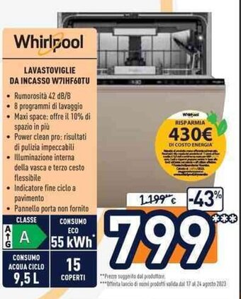 Unieuro Whirlpool LAVASTOVIGLIE DA INCASSO W71HF60TU offerta