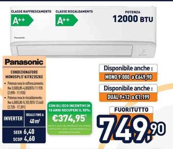 Unieuro Panasonic CONDIZIONATORE MONOSPLIT KITRZ35ZKE offerta