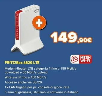 Expert AVM FRITZ!Box 6820 LTE Router Wireless Banda Singola (2.4 GHz) Gigabit Ethernet 3G 4G Bianco offerta