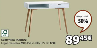 JYSK SCRIVANIA TAMHOLT Legno massello e MDF. P50 x L100 x H77 cm offerta