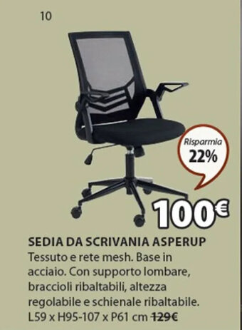 JYSK SEDIA DA SCRIVANIA ASPERUP L59 x H95-107 x P61 cm offerta