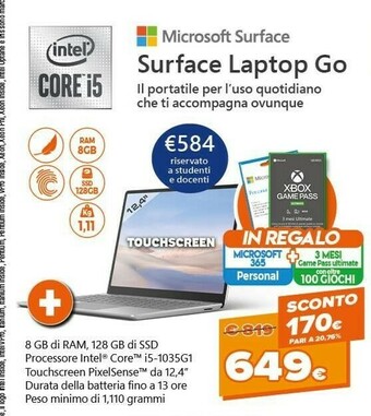Expert Microsoft Surface Laptop Go Computer Portatile 31,6 Cm (12.4") Touch Screen Intel® Core™ I5 Di Decima Generazione 8 GB LPDDR4 offerta