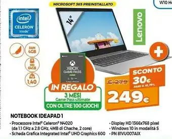 Expert Lenovo IdeaPad 1 DDR4-SDRAM Computer Portatile 35,6 Cm (14") 1920 X 1080 Pixel 4 GB 64 GB EMMC Wi-Fi 5 (802.11ac) Windows 10 offerta