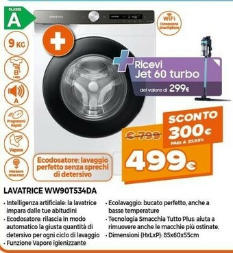 Expert Samsung WW90T534DAE 9 Kg Ecodosatore Ai Control Libera Installazione Caricamento Frontale 1400 Giri/min Bianco offerta