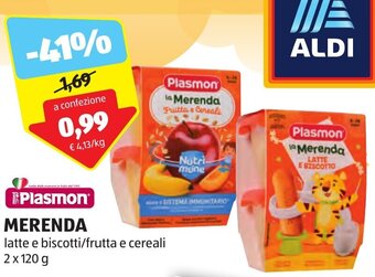 ALDI Plasmon MERENDA latte e biscotti/frutta e cereali 2 x 120 g offerta
