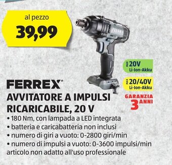 ALDI FERREX AVVITATORE A IMPULSI RICARICABILE, 20 V offerta