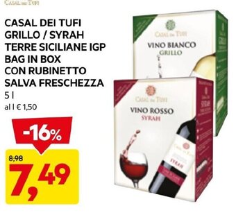 DPiù CASAL DEI TUFI GRILLO / SYRAH TERRE SICILIANE IGP BAG IN BOX CON RUBINETTO SALVA FRESCHEZZA 5 L offerta