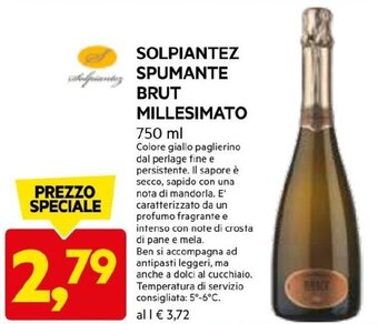 DPiù SOLPIANTEZ SPUMANTE BRUT MILLESIMATO 750 ml offerta