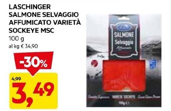 DPiù LASCHINGER SALMONE SELVAGGIO AFFUMICATO VARIETÀ SOCKEYE MSC 100 g offerta