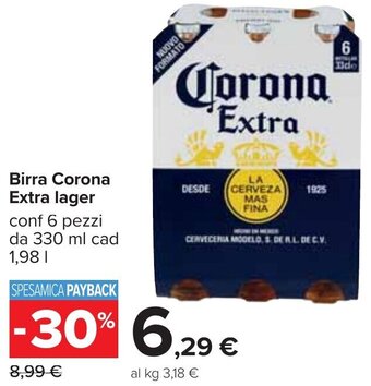 Carrefour Birra Corona Extra lager conf 6 pezzi da 330 ml cad 1,98 l offerta