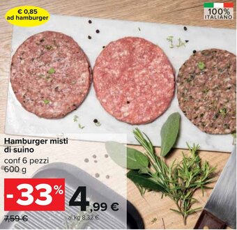 Carrefour Hamburger misti di suino conf 6 pezzi 600 g offerta