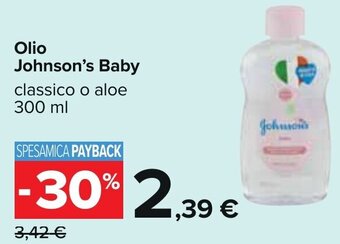 Carrefour Olio Johnson's Baby classico o aloe 300 ml offerta