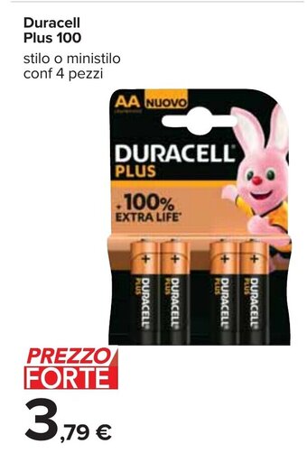 Carrefour Duracell Plus 100 stilo o ministilo conf 4 pezzi offerta