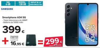 Carrefour SAMSUNG Smartphone A34 5G - Tripla fotocamera da 48MP - Batteria da 5000 mAh + Powerbank 5.000 mAh a partire da offerta