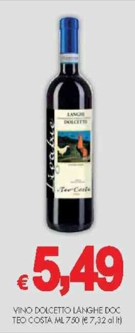 PrestoFresco VINO DOLCETTO LANGHE DOC TEO COSTA ML 750 offerta