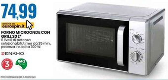 Eurospin FORNO MICROONDE CON GRILL 20 L* 5 livelli di potenza selezionabili, timer da 35 min., potenza in uscita 700 W. offerta