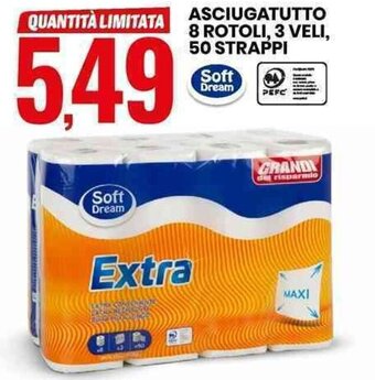 Eurospin ASCIUGATUTTO 8 ROTOLI, 3 VELI, 50 STRAPPI offerta