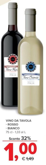 Todis VINO DA TAVOLA - ROSSO - BIANCO 75 cl offerta