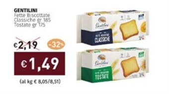 Prezzemolo e Vitale GENTILINI Fette Biscottate Classiche gr 185 Tostate gr 175 offerta