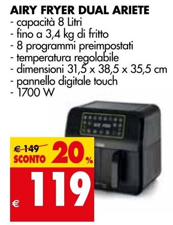 Tigros AIRY FRYER DUAL ARIETE 8 Litri 1700 W offerta