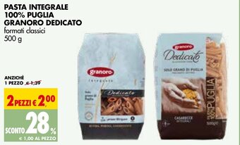 Tigros PASTA INTEGRALE 100% PUGLIA GRANORO DEDICATO formati classici 500 g 2 PEZZI offerta