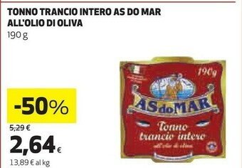 Coop Asdomar Tonno Trancio Intero All'Olio D'Oliva 190 G(ml) offerta