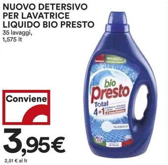 Coop NUOVO DETERSIVO PER LAVATRICE LIQUIDO BIO PRESTO 35 lavaggi, 1,575 It offerta
