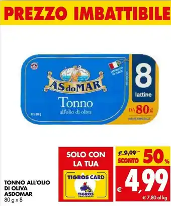 Tigros Asdomar Tonno All'Olio Di Oliva 80 G(ml) offerta