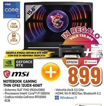 Expert Msi notebook gaming thin gf63 12udx-606it offerta