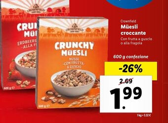 Lidl Crownfield Müesli croccante 600 g confezione offerta