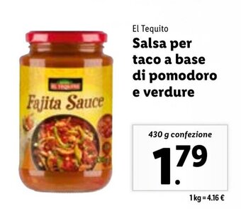 Lidl El Tequito Salsa per taco a base di pomodoro e verdure 430 g confezione offerta