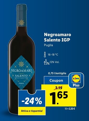 Lidl Negroamaro Salento IGP 0,75 l bottiglia offerta