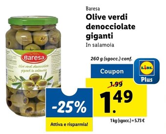 Lidl Baresa Olive verdi denocciolate giganti 260 g (sgocc.) conf. offerta