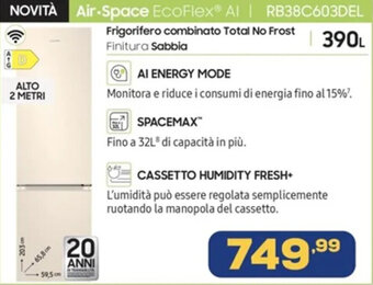 Euronics SAMSUNG Frigorifero combinato Air-Space EcoFlex® Al 390L RB38C603DEL offerta