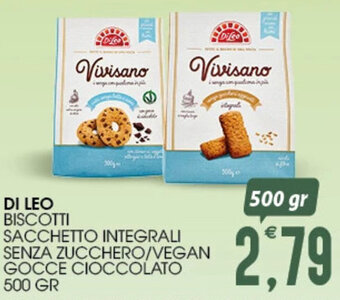 DI LEO BISCOTTI SACCHETTO INTEGRALI SENZA ZUCCHERO/VEGAN GOCCE CIOCCOLATO 500 GR