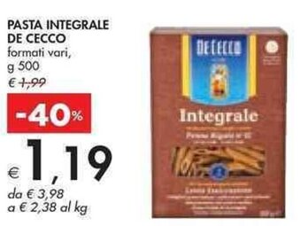 Bennet PASTA INTEGRALE DE CECCO 500 g offerta