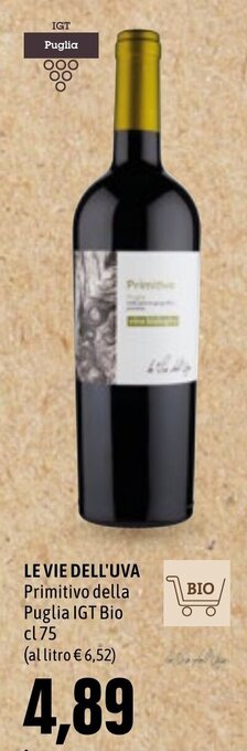 Emi Supermercati LE VIE DELL'UVA Primitivo della Puglia IGT Bio cl 75 offerta