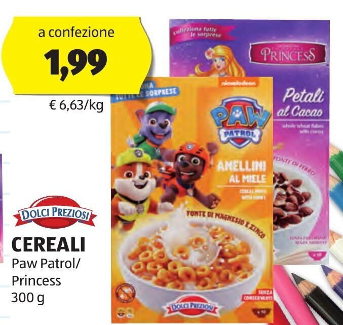 DOLCI PREZIOSI CEREALI Paw Patrol/ Princess 300 g offerta di ALDI
