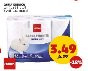 PENNY CARTA IGIENICA conf. da 12 rotoli 3 veli-180 strappi offerta