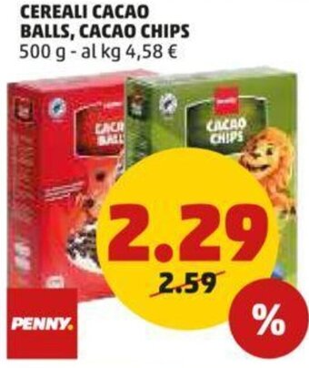 PENNY CEREALI CACAO BALLS, CACAO CHIPS 500 g offerta
