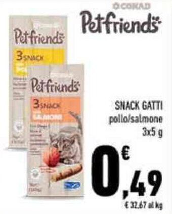 Conad SNACK GATTI pollo/salmone 3x5 g offerta