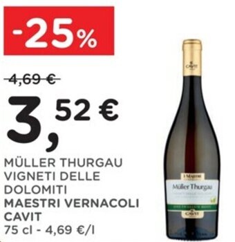 Poli MÜLLER THURGAU VIGNETI DELLE DOLOMITI MAESTRI VERNACOLI CAVIT 75 cl offerta