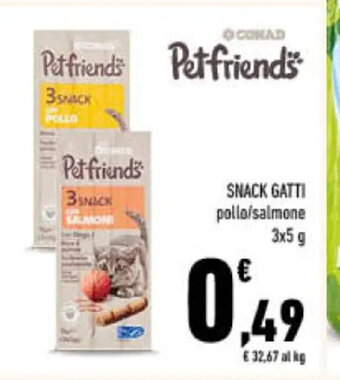 Conad SNACK GATTI pollo/salmone 3x5 g offerta