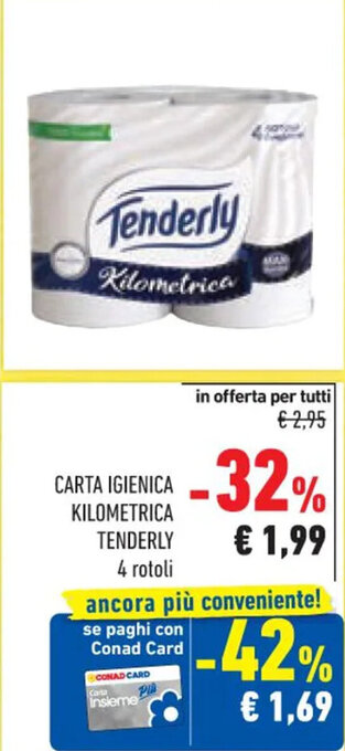 Conad CARTA IGIENICA KILOMETRICA TENDERLY 4 rotoli offerta