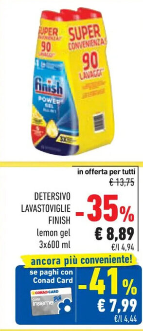 Conad DETERSIVO LAVASTOVIGLIE FINISH lemon gel 3x600 ml offerta