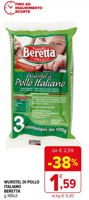 Iperal WURSTEL DI POLLO ITALIANO BERETTA g 100x3 offerta