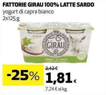 Coop FATTORIE GIRAU 100% LATTE SARDO 2x125 g offerta