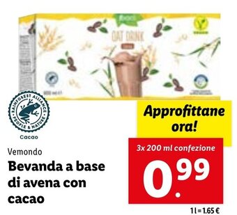 Lidl Vemondo Bevanda a base di avena con cacao 3x 200 ml confezione offerta