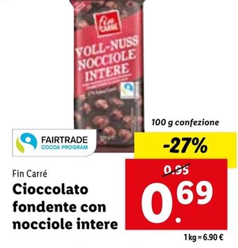 Lidl Fin Carré Cioccolato fondente con nocciole intere 100 g confezione offerta